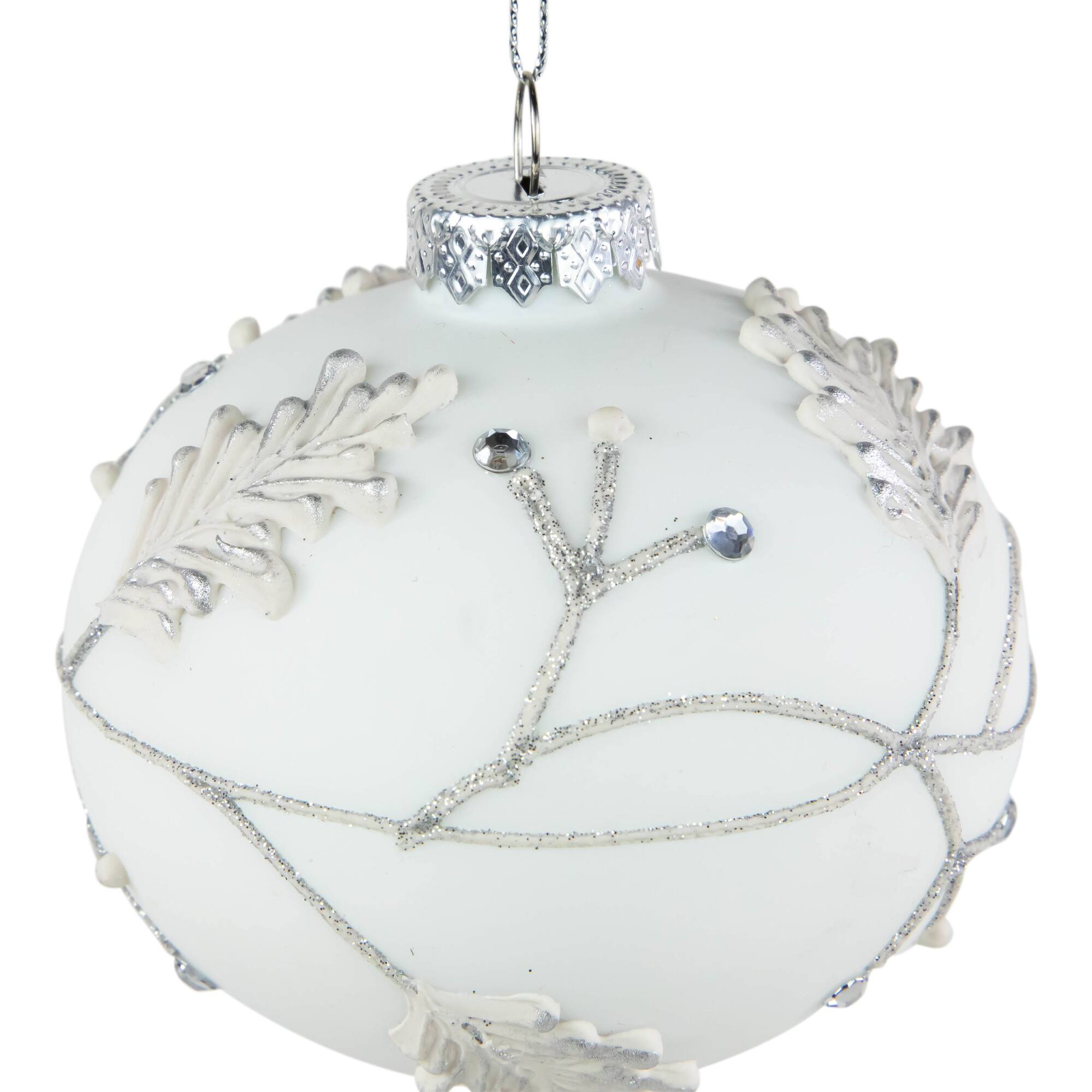 3.5" White and Silver Leaves Glass Onion Drop Christmas Ornament Bed
